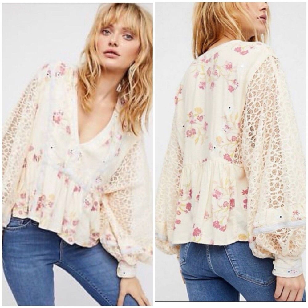 Free People Boogie All Night Top M Ivory Lace Balloon Sleeve Boho Peasant